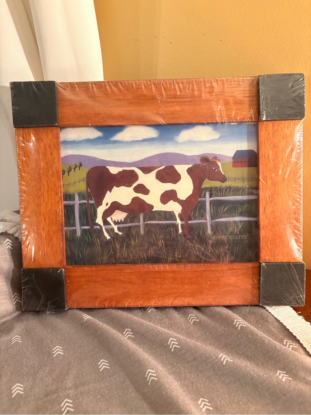 New Fayre Cooper Cow  Farm Framed Art - Rustic Wood Frame 10x8. Folk art
